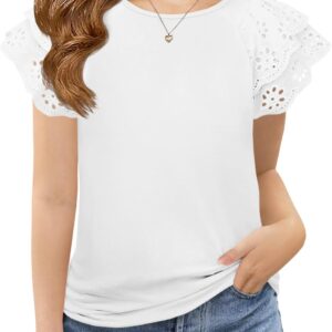 Girls Ruffle Sleeve T Shirts Summer Short Sleeve Casual Cute Crewneck Tops Tees 5-14 Years