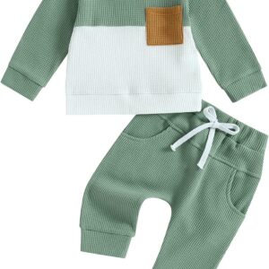 Toddler Baby Boy Fall Winter Clothes Color Block Long Sleeve Sweatshirt Pullover Tops + Joggers Pants Outfit Set